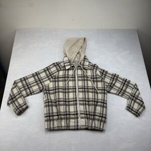 Staccato Plaid Hooded Zip Jacket Beige Brown Women's Size S